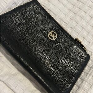 Michael Kors Black Pebbled Leather Zip Pouch with Gold Logo